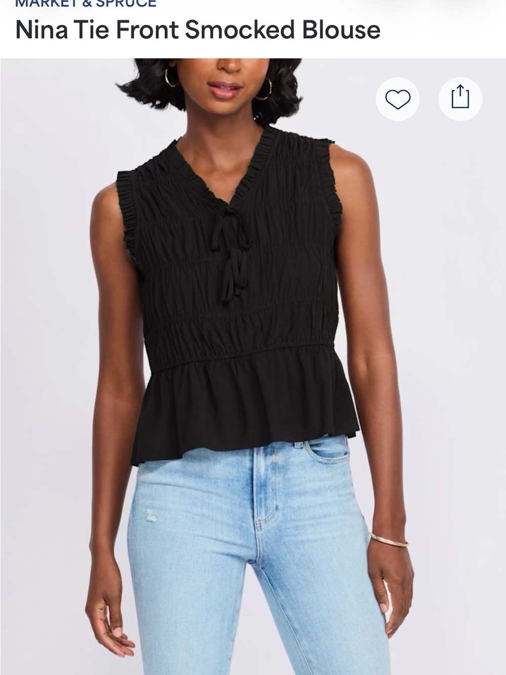 Market & Spruce Black Nina Smocked Tie-Front Peplum Blouse